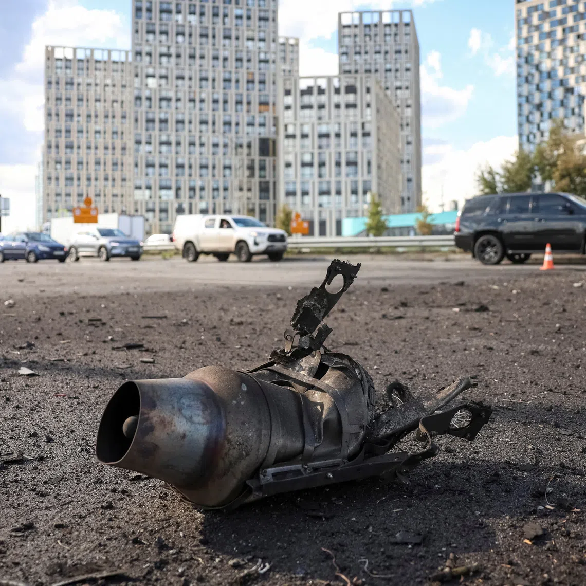 Part of a jet drone lying on a road on Sept 3, at the site of a Russian drone attack in the Ukrainian capital, Kyiv.