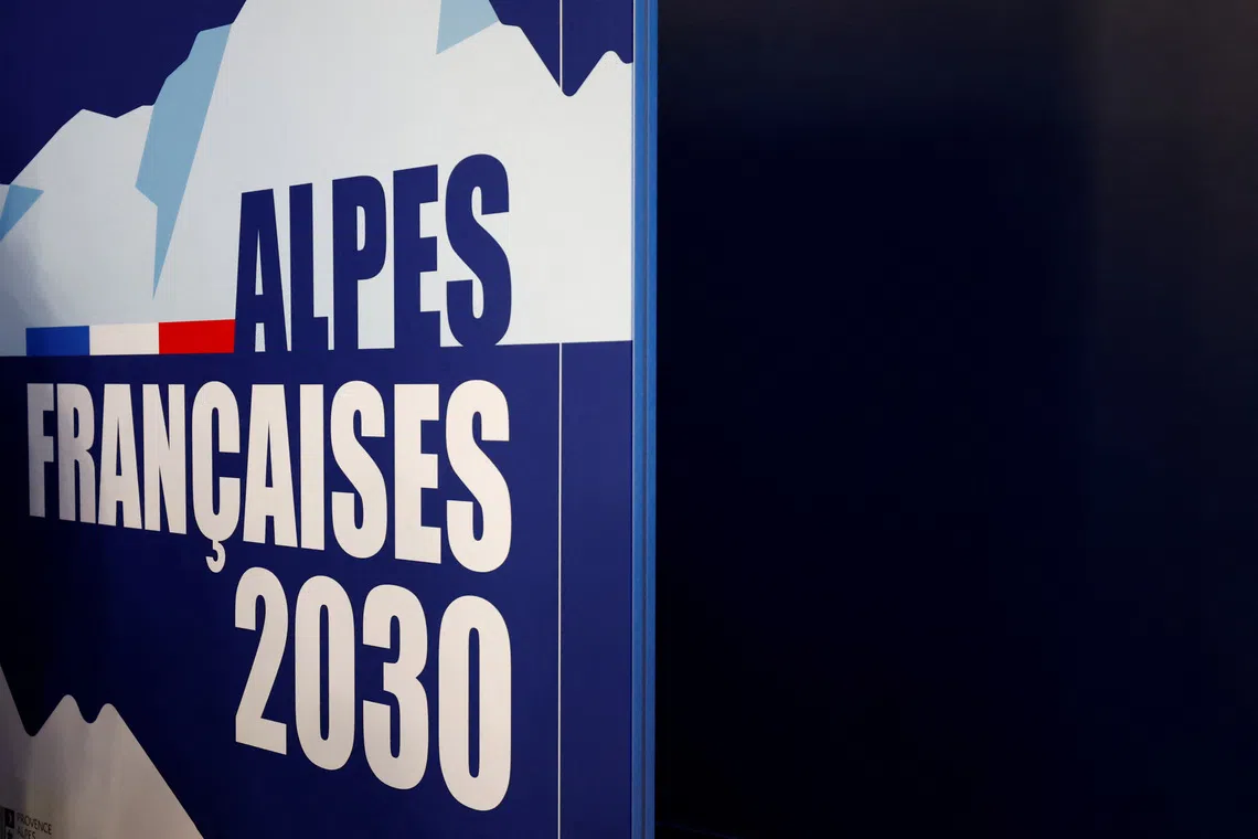 The logo of \"French Alps 2030\" at the press conference of the launch of the Organizing Commitee for the 2030 French Alps Olympic and Paralympic Winter Games in Lyon, France, February 18, 2025. REUTERS/Manon Cruz