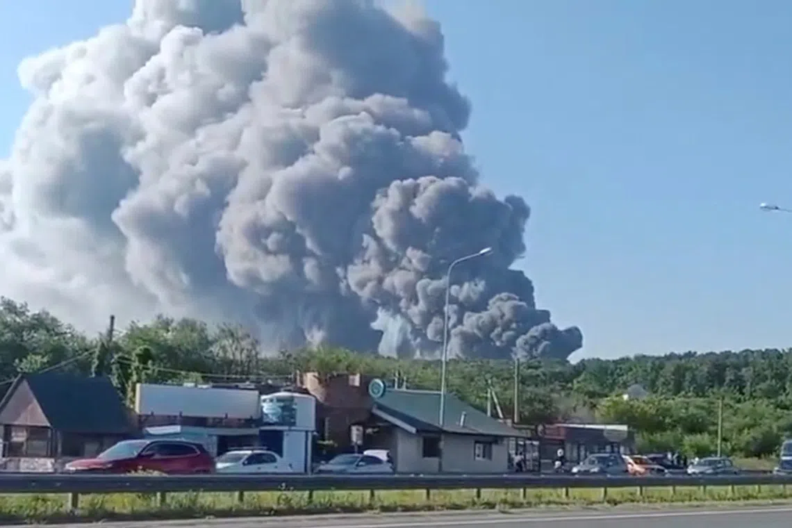 Smoke rises after a Ukrainian drone attack on a Wildberries warehouse, in Novosemeykino, Samara region, Russia, August 2, 2026, in this still image obtained from a video. SOCIAL MEDIA/via REUTERS
