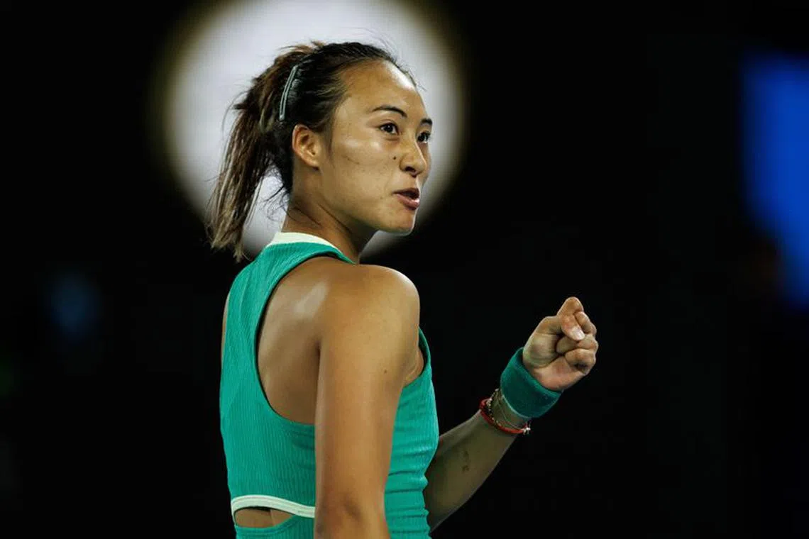 Jan 24, 2024; Melbourne, Victoria, Australia; 
Qinwen Zheng of China celebrates during her match against Anna Kalinskaya of Russia in the quarter final of the women’s singles at the Australian Open. Mandatory Credit: Mike Frey-USA TODAY Sports