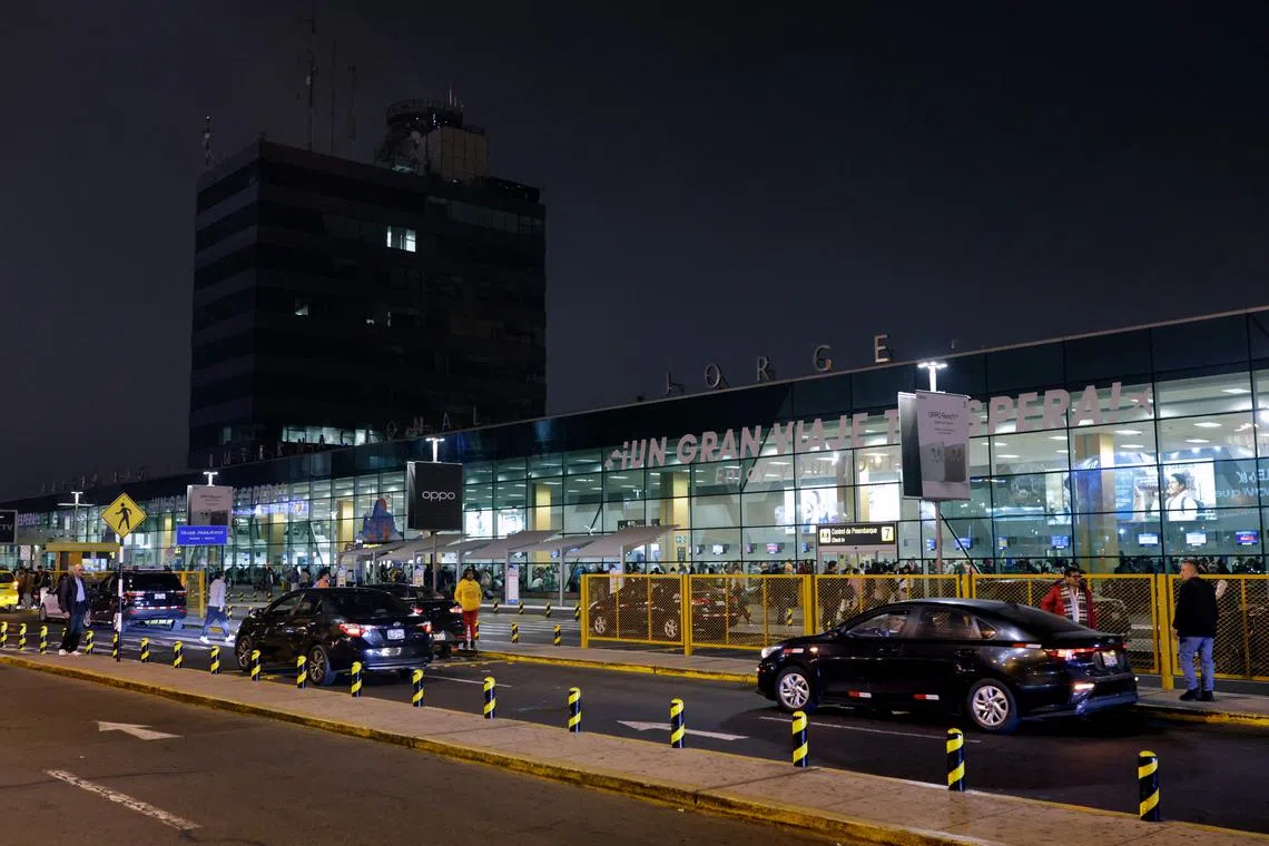 View of the control tower in the dark at the Jorge Chavez International Airport in Callao on June 3.