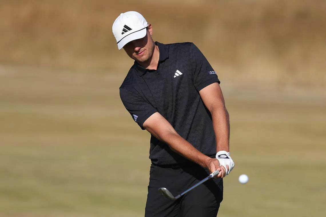 Jul 14, 2026; Southport, England; Ludvig Aberg plays a shot on the first hole during a practice round for The Open Championship golf tournament at Royal Birkdale. Mandatory Credit: Bill Streicher-Imagn Images