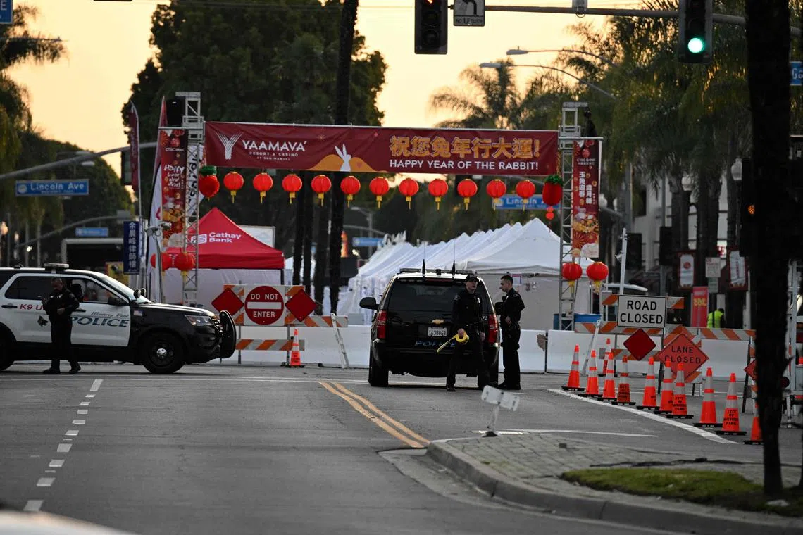Police near the scene of a mass shooting in Monterey Park, California, on Jan 22, 2023.