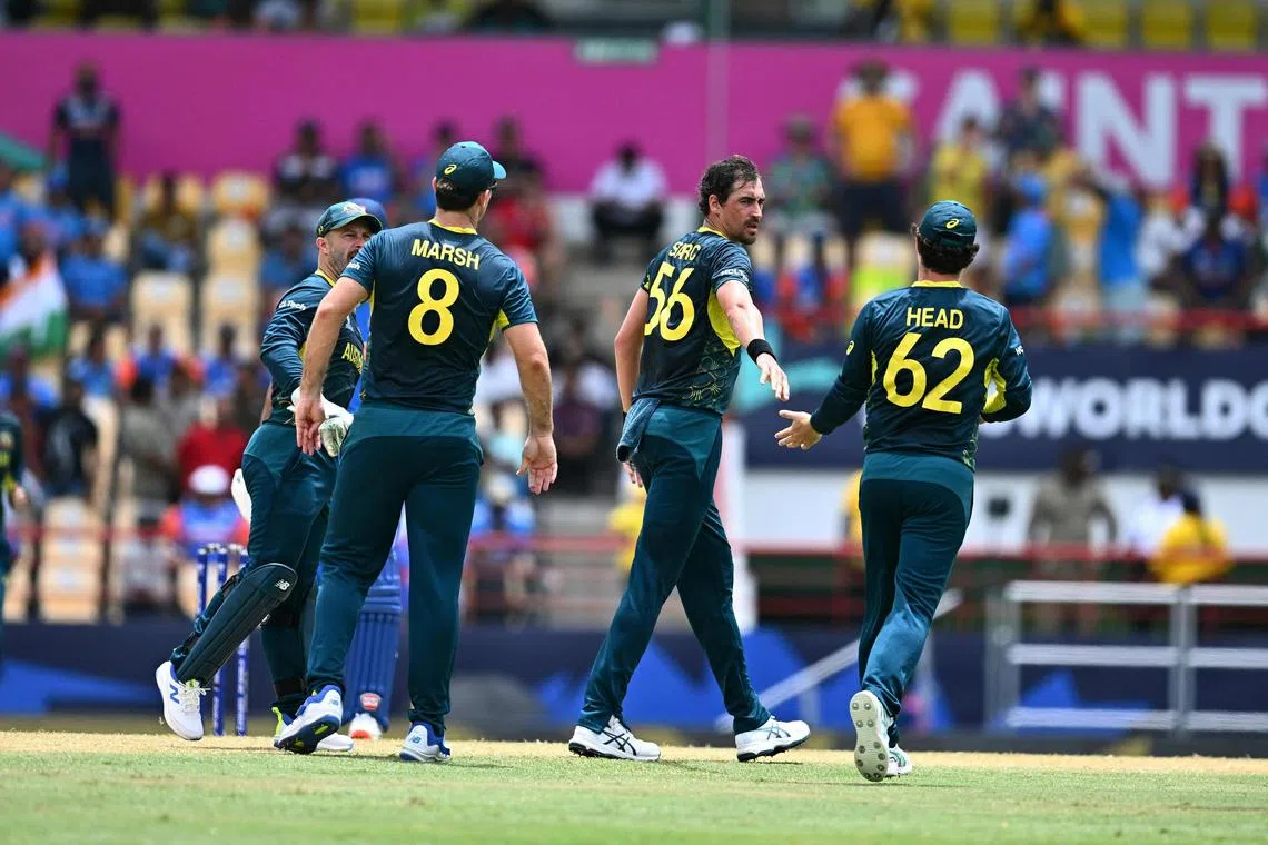 Australia's Mitchell Starc (second from right) celebrating a dismissal with teammates during an ICC Twenty20 World Cup match in June 2024. The team won six ICC World Cup titles during Nick Hockley's 13-year tenure.