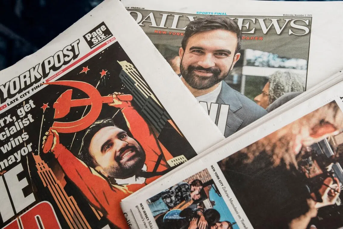 New York City Mayor-elect Zohran Mamdani's electoral win as portrayed by the Daily News and New York Post newspapers on Nov 5. 