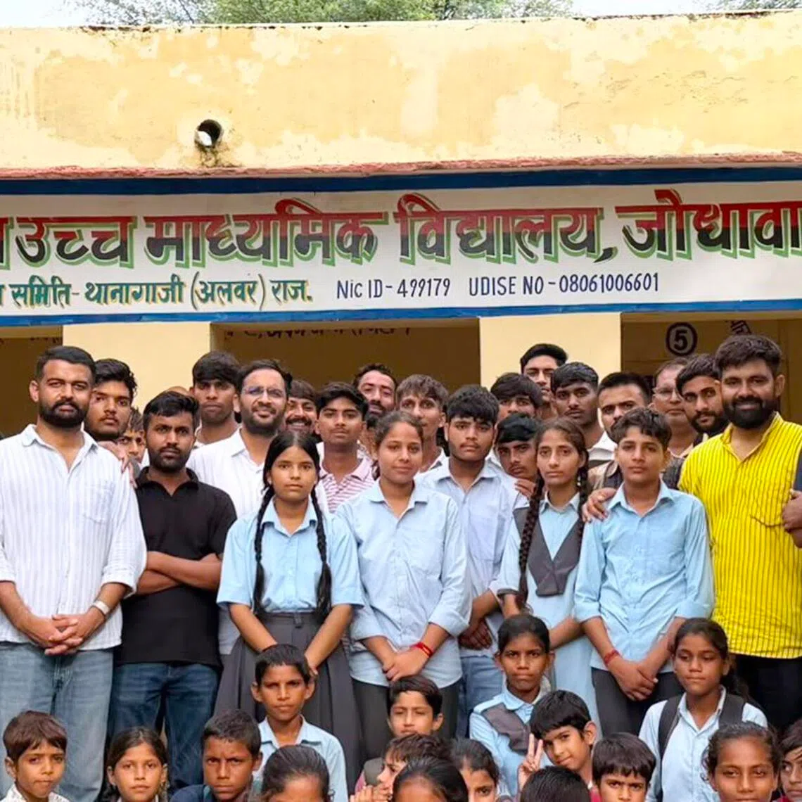Schoolchildren, representatives of the CJP and others outside the Government Higher Secondary School in Jodhavas in Rajasthan after their successful protest demanding better school infrastructure and additional teachers.