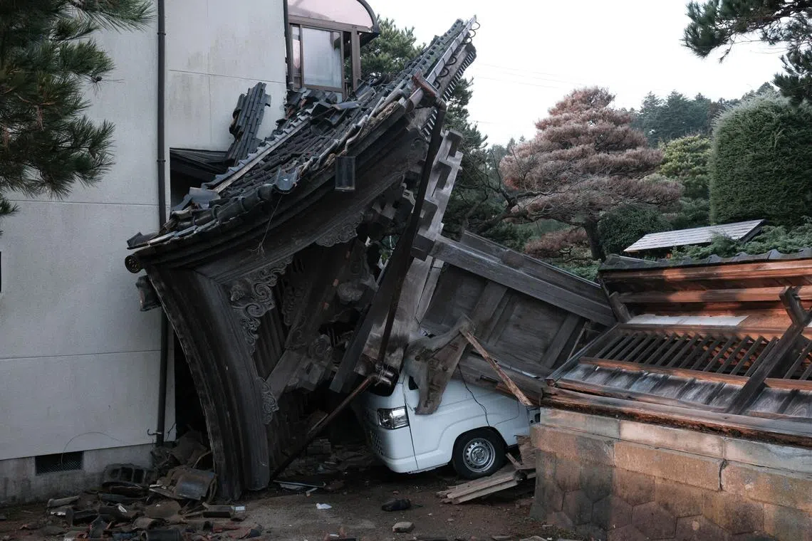 An damaged house in Nanao in Nanao, Ishikawa Prefecture, Japan, on Jan 2, 2024. At least six people were killed and others injured in a powerful earthquake that hit off the Noto Peninsula on Japan’s northwest coast.