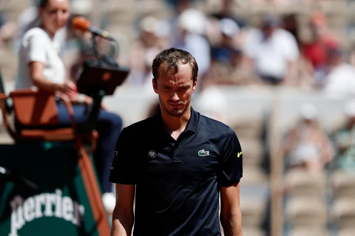 Tennis - French Open - Roland Garros, Paris, France - May 26, 2026 Russia's Daniil Medvedev reacts during his first round match against Australia's Adam Walton REUTERS/Benoit Tessier