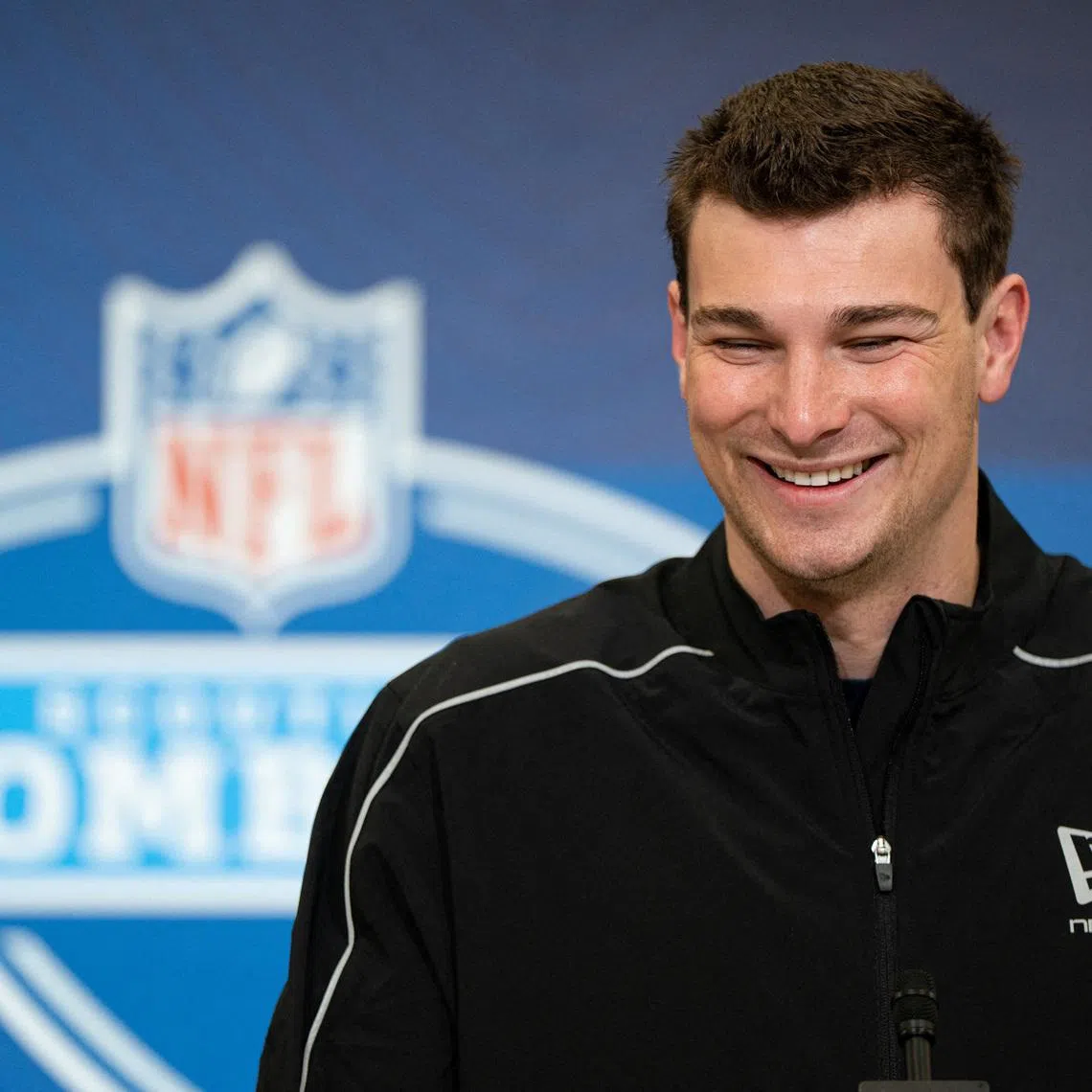 FILE PHOTO: Feb 27, 2026; Indianapolis, IN, USA; Indiana quarterback Fernando Mendoza (QB11) speaks to members of the media during the NFL Combine at the Indiana Convention Center. Mandatory Credit: Jacob Musselman-Imagn Images/File Photo