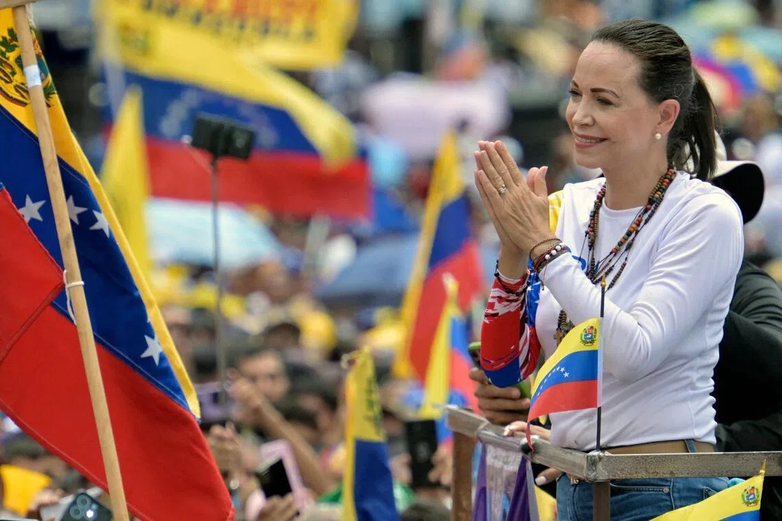 Venezuelan opposition leader Maria Corina Machado gestures during a presidential campaign rally in Barinas, Venezuela, on July 6, 2024.