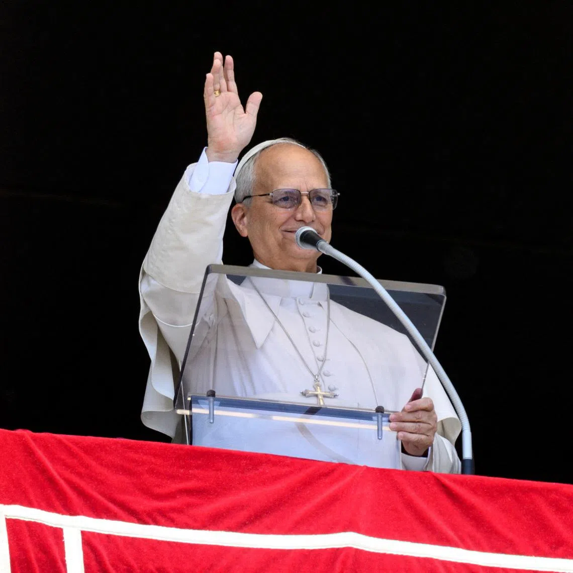 Pope Leo XIV leads the Angelus prayer from a window of the Apostolic Palace at the Vatican, May 3, 2026.   Vatican Media/Mario Tomassetti/Handout via REUTERS