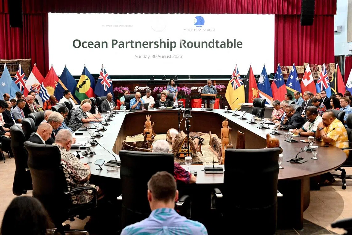 Leaders of the Pacific Islands attending the Ocean Partnership Roundtable in Koror, Palau, on Aug 30, ahead of the 55th Pacific Islands Forum Leaders Meeting.