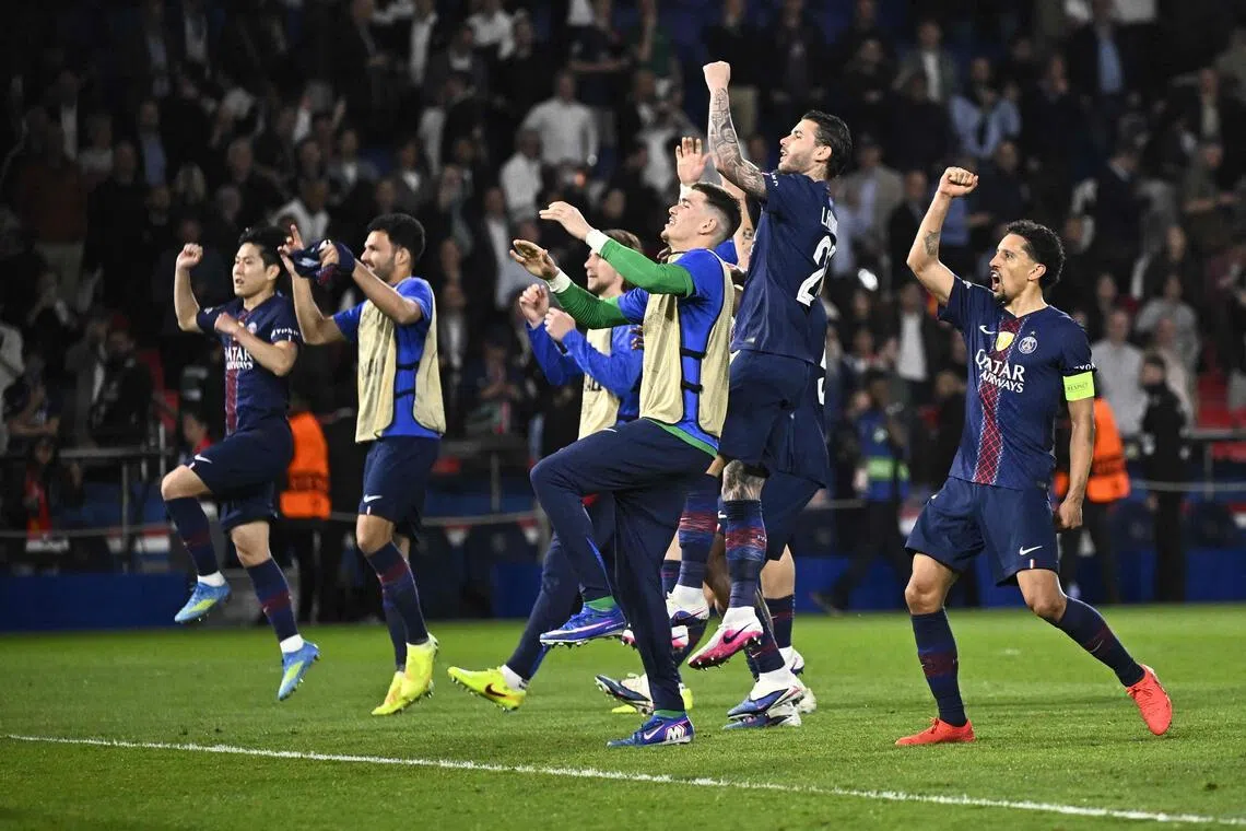 Paris Saint-Germain players celebrating their 2-0  Champions League quarter-final, first-leg win over Liverpool at the Parc des Princes in Paris on April 8, 2026. 