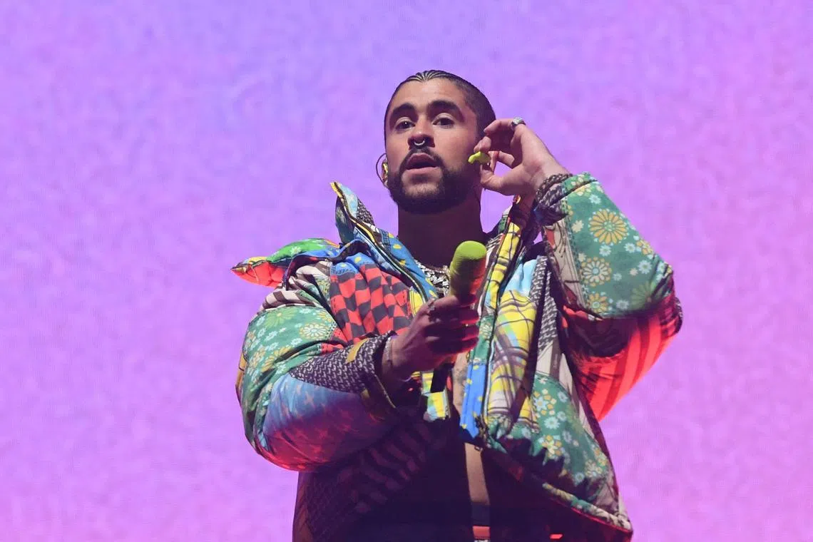 Puerto Rican singer Bad Bunny performs during the first week-end of Coachella Valley Music and Arts Festival in Indio, California, on April 14, 2023. 