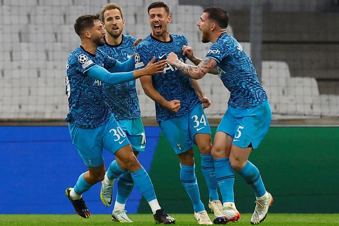 Clement Lenglet celebrates scoring for Tottenham with Rodrigo Bentancur, Harry Kane and Pierre-Emile Hojbjerg.