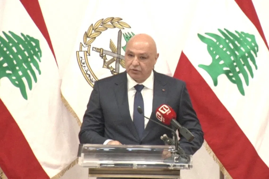 Lebanon's President Joseph Aoun speaks during the commemoration of Lebanese Army Day, in Baabda, Lebanon, on July 31.