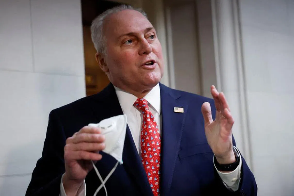 U.S. House Majority Leader Steve Scalise (R-LA) speaks as he walks to a candidate forum at the Longworth House office building, after Kevin McCarthy was ousted as Speaker of the House, at the U.S. Capitol in Washington, D.C., U.S., October 10, 2023. REUTERS/Evelyn Hockstein