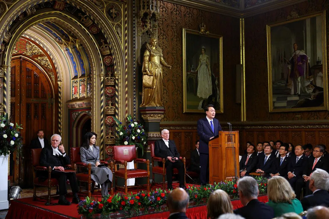 South Korean President Yoon Suk Yeol addressed MPs and peers, during an event-packed first day in the British capital.