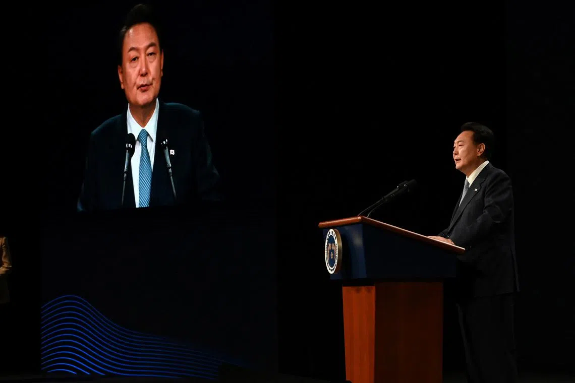 South Korean President Yoon Suk Yeol speaks during an opening ceremony for the 3rd Summit for Democracy in Seoul, South Korea 18 March 2024.    KIM MIN-HEE/Pool via REUTERS