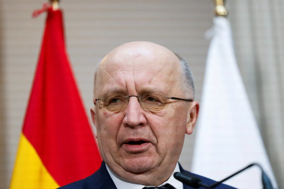 European Commissioner for Defense and Space Andrius Kubilius speaks during a press conference, on the day of Weimar Triangle meeting on Ukraine at the Foreign Affairs Ministry in Madrid, Spain, March 31, 2025. REUTERS/Juan Medina/File Photo
