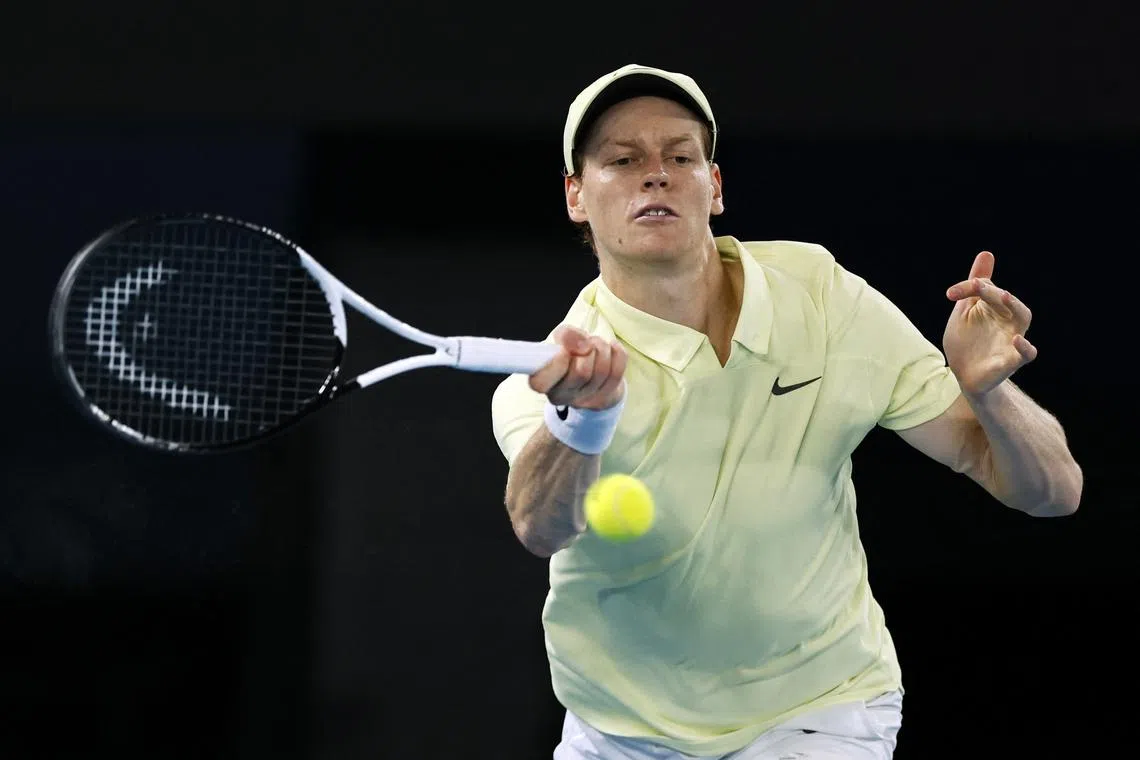 Tennis - Australian Open - Melbourne Park, Melbourne, Australia - January 26, 2025 Italy's Jannik Sinner in action during the final against Germany's Alexander Zverev REUTERS/Francis Mascarenhas