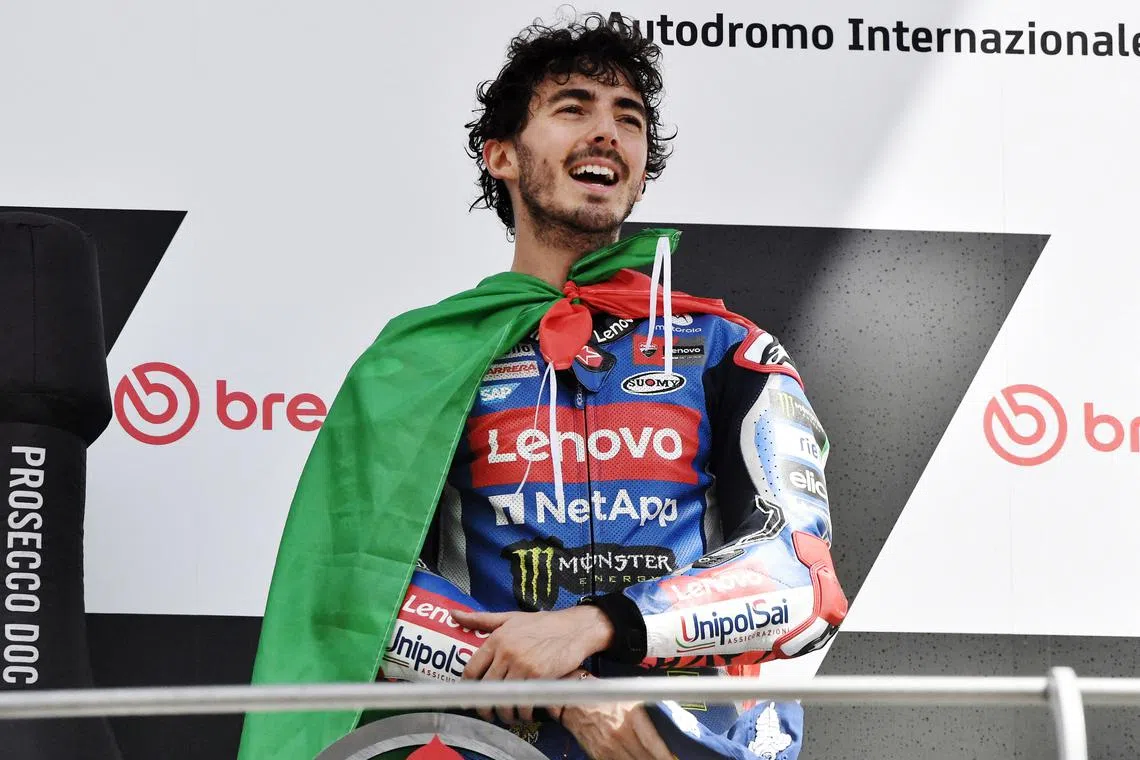 MotoGP - Italian Grand Prix - Mugello Circuit, Scarperia e San Piero, Italy - June 2, 2024 Ducati Lenovo Team's Francesco Bagnaia celebrates on the podium after winning the race/File Photo