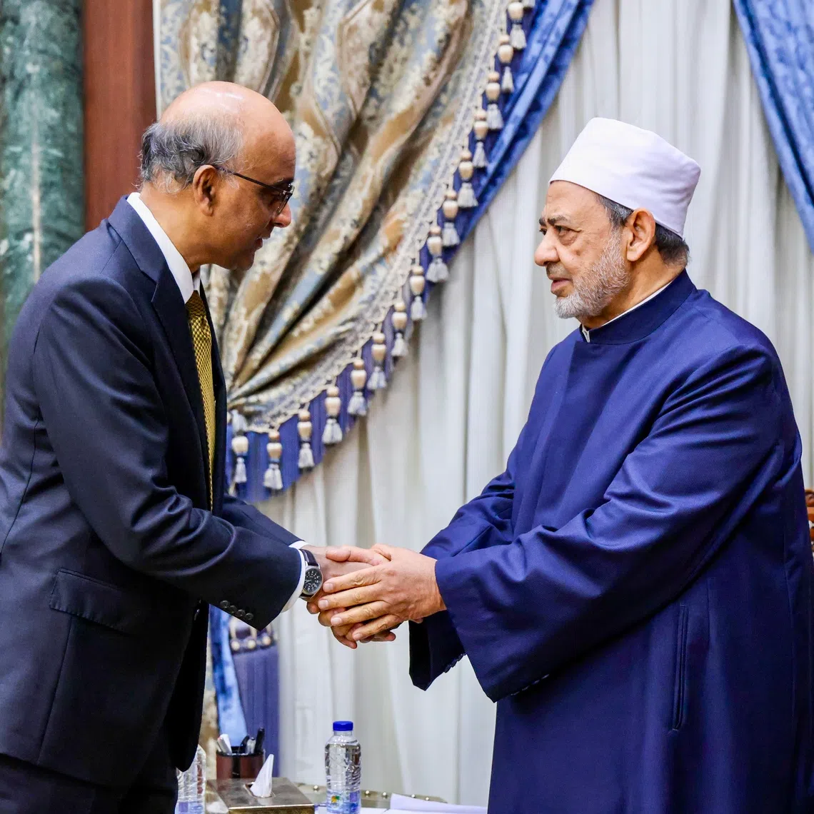 President Tharman Shanmugaratnam (left) meeting Sheikh Ahmed Al-Tayeb, the grand imam of Al-Azhar mosque that is affiliated with the university.