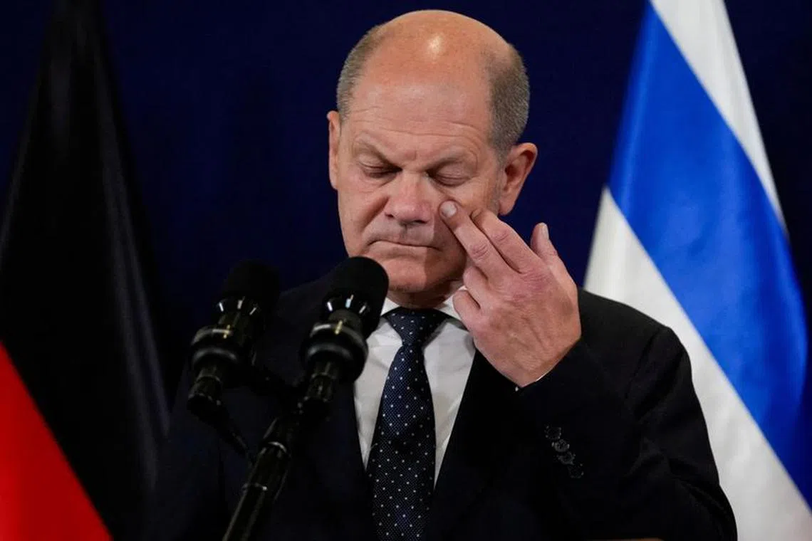German Chancellor Olaf Scholz, speaks to the media during a joint press conference with Israeli Prime Minister Benjamin Netanyahu, in Tel Aviv, Israel, Tuesday, Oct. 17, 2023. Maya Alleruzzo/Pool via REUTERS