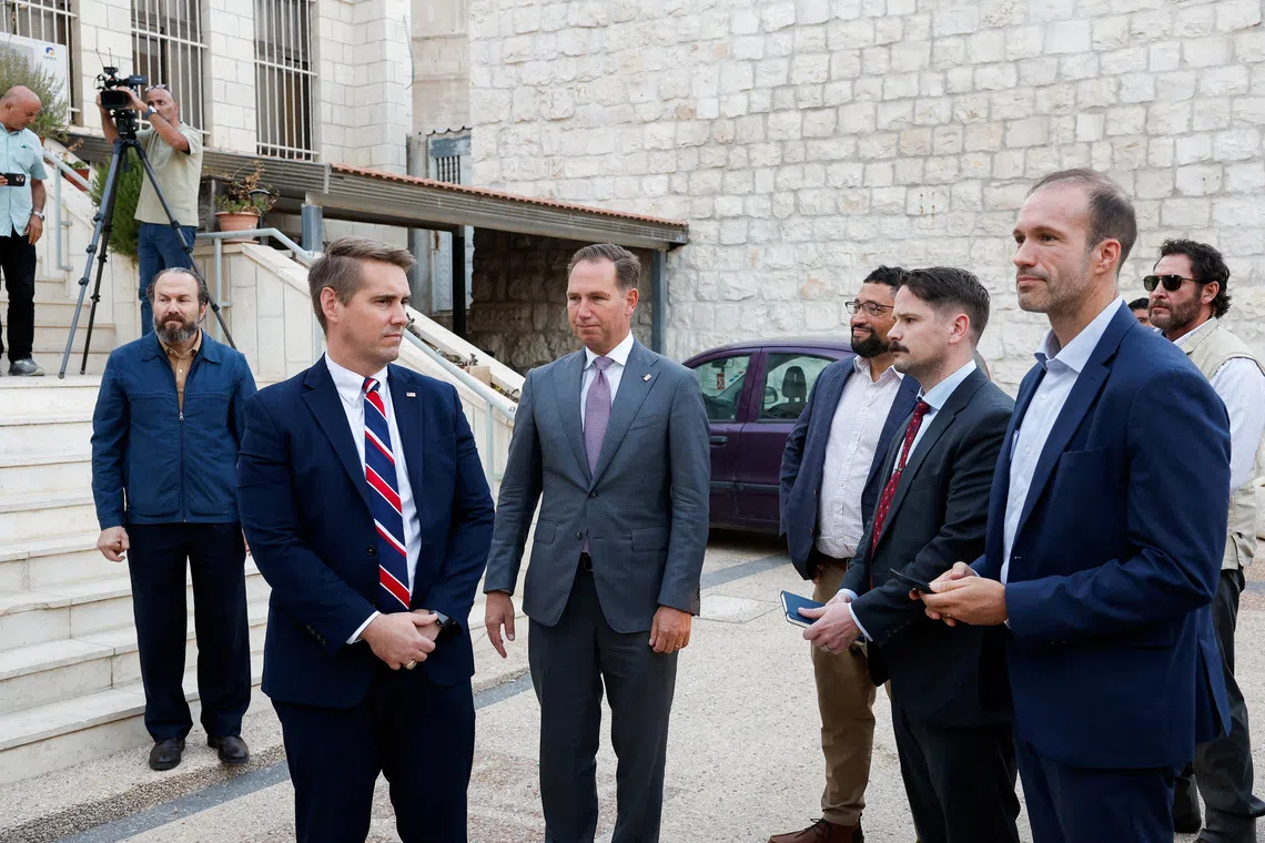 US Assistant Secretary of State for democracy, human rights and labor Riley Barnes (front, left) and US Ambassador to the Holy See Brian Burch (centre), visit the Christian Palestinian village of Taybeh near Ramallah on Oct 18.