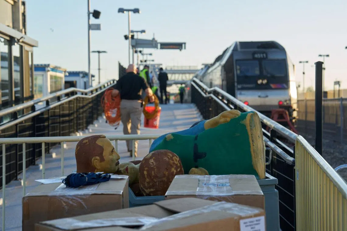 FILE PHOTO: First aid training mannequins are displayed during an Emergency Response Drill and training exercise at the NJ Transit Meadowlands Rail Line at MetLife Stadium, ahead of the FIFA World Cup 2026, in East Rutherford, New Jersey, U.S., April 18, 2026. REUTERS/Bing Guan/File Photo