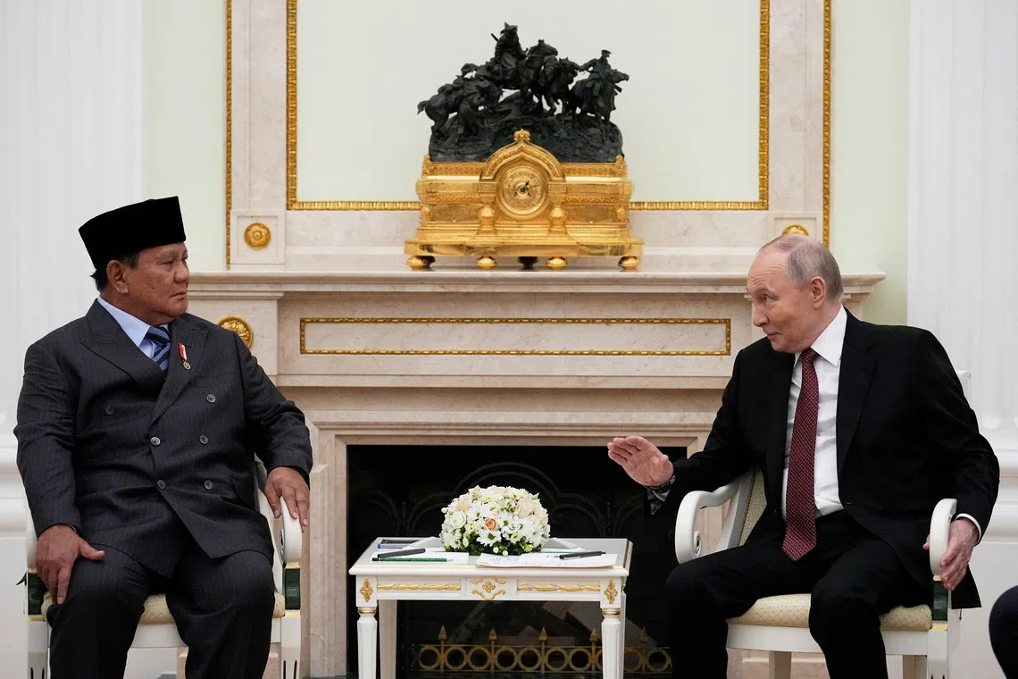 Russian President Vladimir Putin speaks during a meeting with his Indonesian counterpart Prabowo Subianto at the Kremlin in Moscow, Russia, December 10, 2025. Alexander Zemlianichenko/Pool via REUTERS