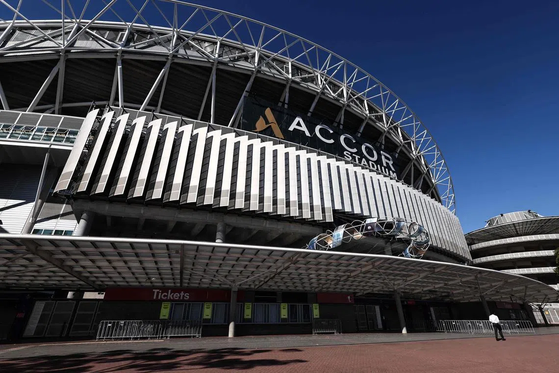 Stadium Australia, also known as Accor Stadium, is located at Homebush Bay in western Sydney and will be one of the venue for the 2023 Women's World Cup football tournament, on May 16, 2023. (Photo by DAVID GRAY / AFP)