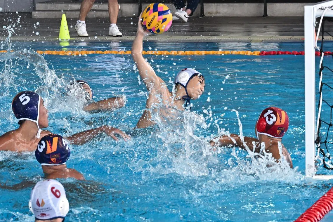 Singapore Sports School's captain Matthias Goh scored seven of his team's nine goals at the B Division boys water polo final at Our Tampines Hub on Apr 17, 2024. 