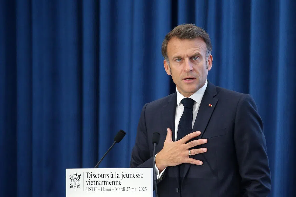 French President Emmanuel Macron giving a speech at  the University of Science and Technology of Hanoi, on May 27.