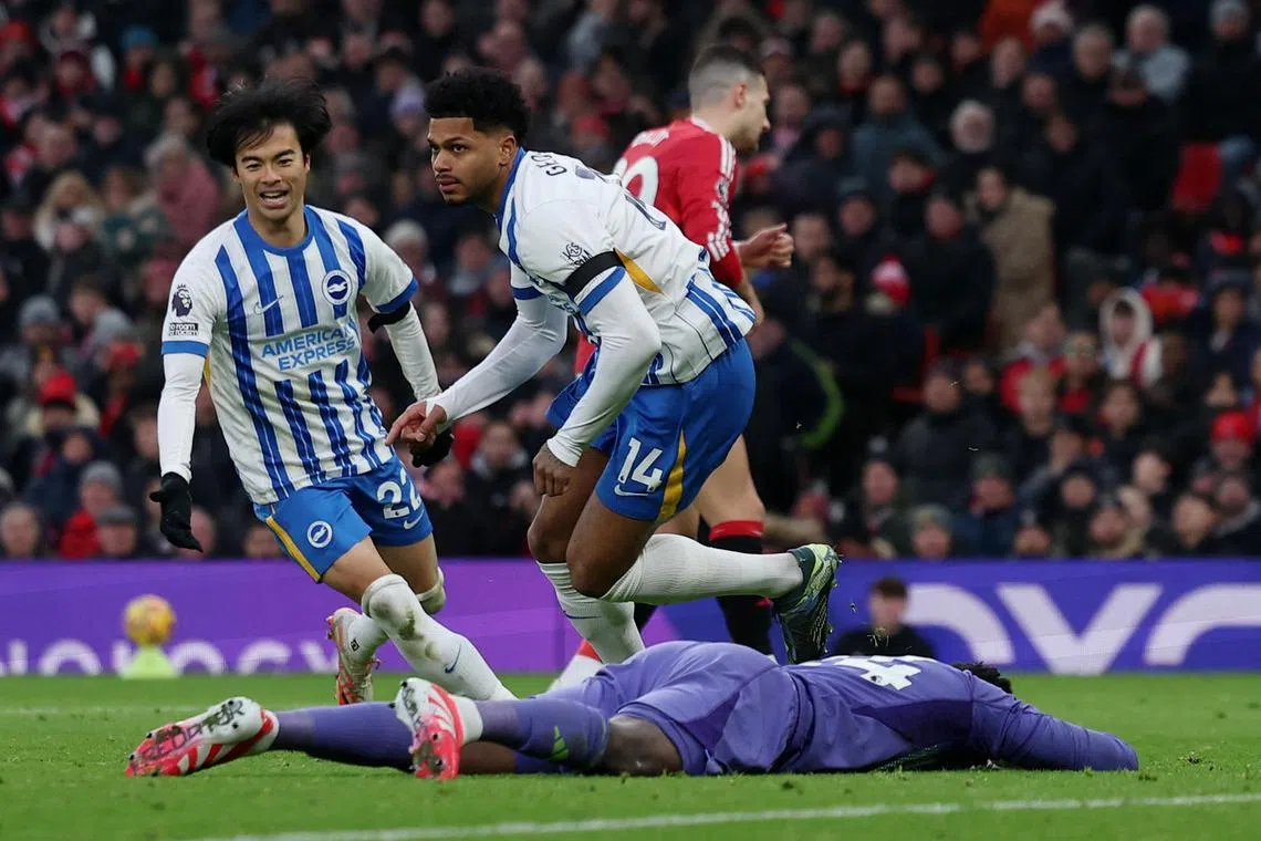 Soccer Football - Premier League - Manchester United v Brighton & Hove Albion - Old Trafford, Manchester, Britain - January 19, 2025
Brighton & Hove Albion's Georginio Rutter celebrates scoring their third goal with Kaoru Mitoma Action Images via Reuters/Lee Smith EDITORIAL USE ONLY. NO USE WITH UNAUTHORIZED AUDIO, VIDEO, DATA, FIXTURE LISTS, CLUB/LEAGUE LOGOS OR 'LIVE' SERVICES. ONLINE IN-MATCH USE LIMITED TO 120 IMAGES, NO VIDEO EMULATION. NO USE IN BETTING, GAMES OR SINGLE CLUB/LEAGUE/PLAYER PUBLICATIONS. PLEASE CONTACT YOUR ACCOUNT REPRESENTATIVE FOR FURTHER DETAILS..