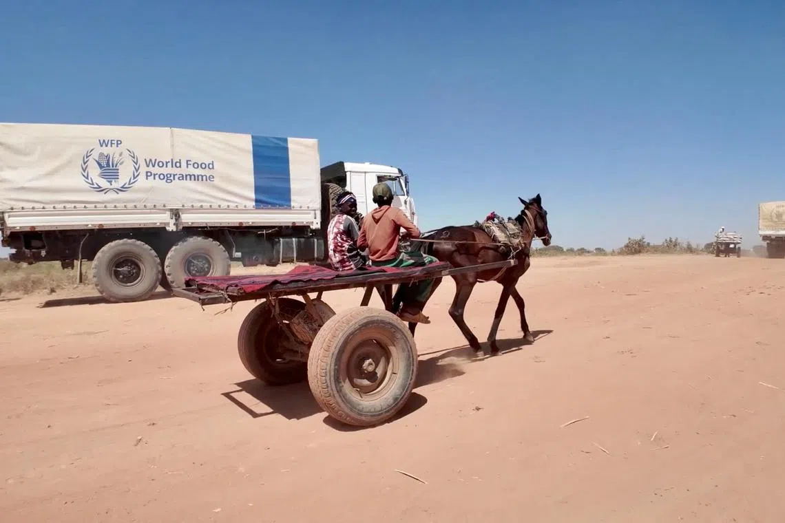 World Food Program (WFP) trucks transport food and nutrition supplies from Chad to ZamZam Camp in Darfur, Sudan, in Adre, Chad November 9, 2024, in this screengrab obtained from a video. WFP/Handout via REUTERS/File Photo
