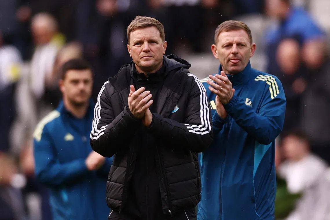 FILE PHOTO: Soccer Football - Premier League - Newcastle United v AFC Bournemouth - St James' Park, Newcastle, Britain - April 18, 2026  Newcastle United manager Eddie Howe and Newcastle United assistant manager Graeme Jones look dejected after the match Action Images via Reuters/Lee Smith/File Photo