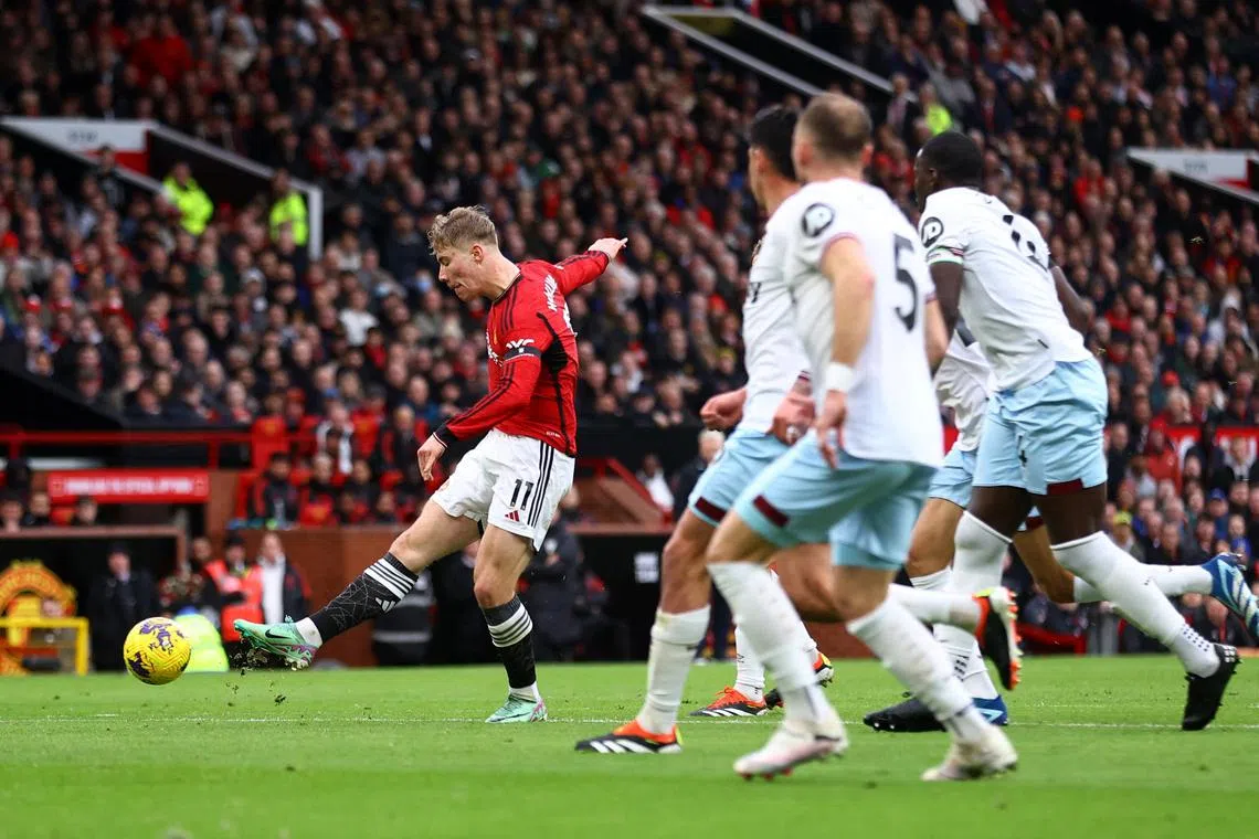 Rasmus Hojlund scoring Manchester United's first goal against West Ham United on Feb 4. The Red Devils won the English Premier League encounter 3-0 at Old Trafford.