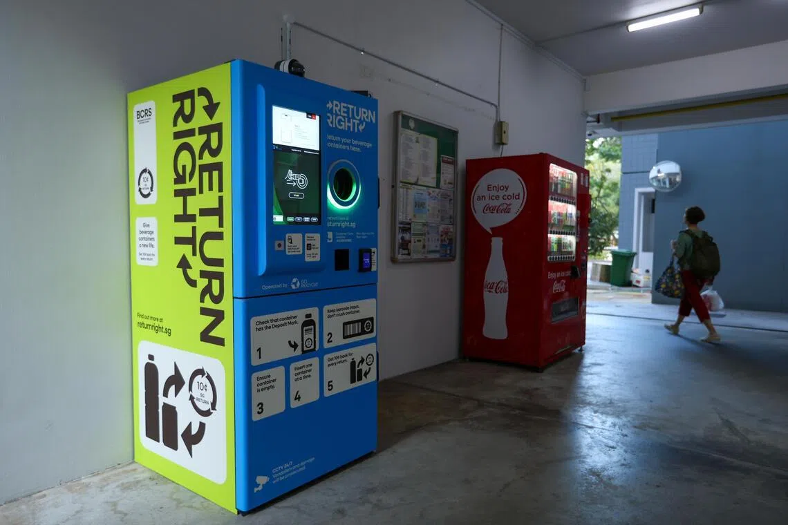 A Return Right reverse vending machine at a void deck under a HDB block in Admiralty on April 1, 2026, the day the recycling scheme was rolled out across Singapore.