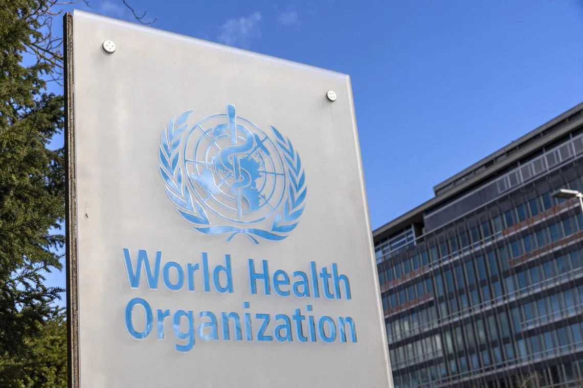 FILE PHOTO: The World Health Organisation (WHO) logo is seen near its headquarters in Geneva, Switzerland, February 2, 2023. REUTERS/Denis Balibouse