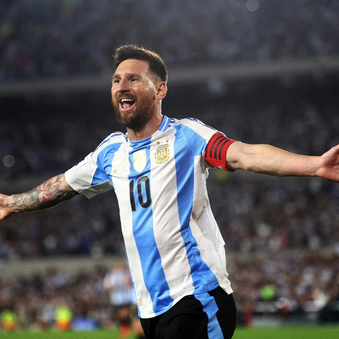 FILE PHOTO: Soccer Football - World Cup - South American Qualifiers - Argentina v Bolivia - Estadio Mas Monumental, Buenos Aires, Argentina - October 15, 2024 Argentina's Lionel Messi celebrates scoring their first goal REUTERS/Matias Baglietto/File Photo