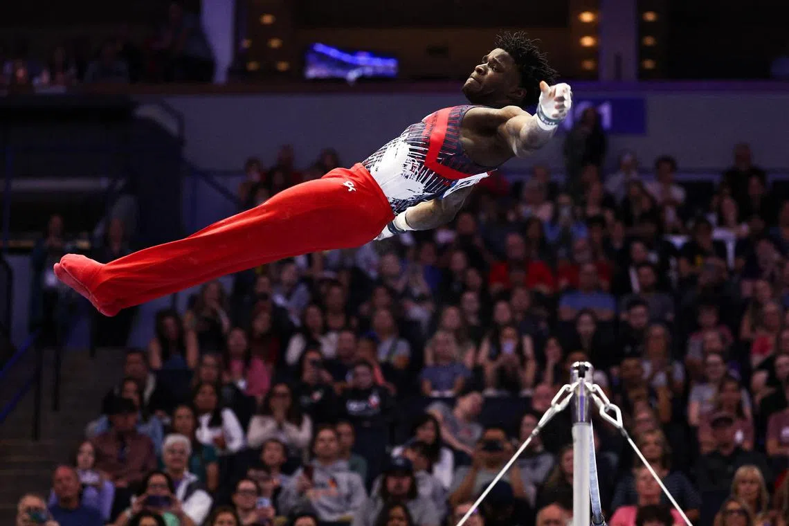 Frederick Richard competing on the high bar during the United States Olympic Team Gymnastics Trials at Target Centre in Minneapolis on June 29.