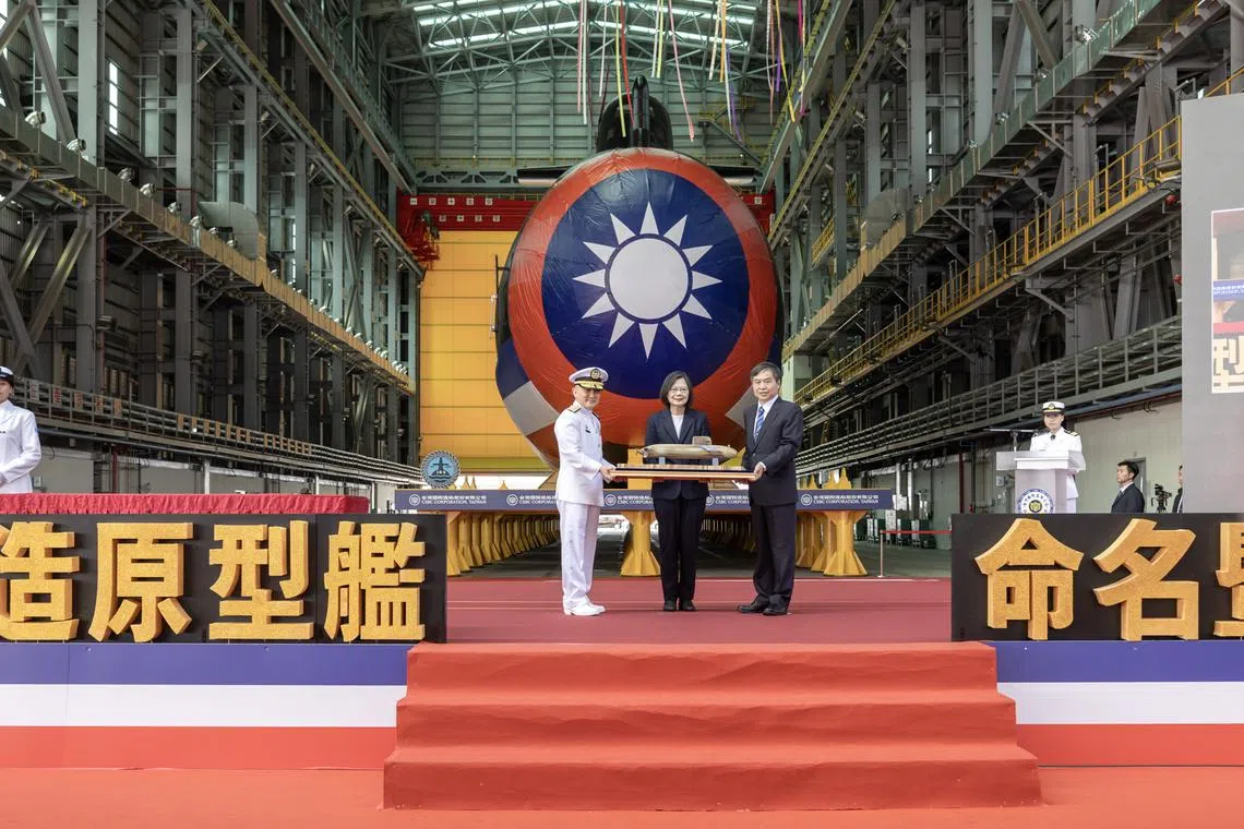 President Tsai Ing-wen (centre) at the launch ceremony of Taiwan's first domestically-made submarine, in Kaohsiung, on Sept 28, 2023.