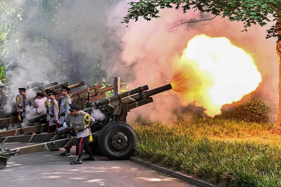 Cannons fire a twenty-one gun salute at the National Cemetery as South Korea marks Memorial Day, which honours those who died during the 1950-53 Korean War and in other operations while serving their country, in Seoul on June 6.
