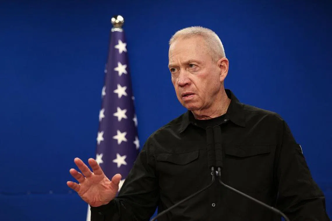 Israeli Defence Minister Yoav Gallant speaks during a joint press conference with U.S. Secretary of Defense Lloyd Austin at Israel's Ministry of Defense in Tel Aviv, Israel December 18, 2023. REUTERS/Violeta Santos Moura/File Photo
