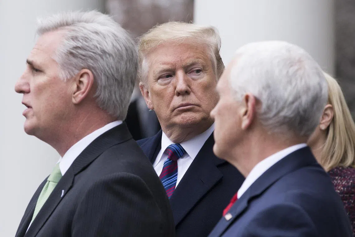 epa07262447 US President Donald J. Trump (C) stands between US Vice President Mike Pence (R) and House Minority Leader Republican Kevin McCarthy (L) during a news conference in the Rose Garden of the White House in Washington, DC, USA, 04 January 2019. President Trump discussed a variety of topics, particularly his meeting with Congressional Democratic and Republican leaders for negotiations on the ongoing partial shutdown of the federal government. A partial shutdown of the government continues since Congress and Trump failed to strike a deal on border security before a 22 December 2018 funding deadine.  EPA-EFE/MICHAEL REYNOLDS