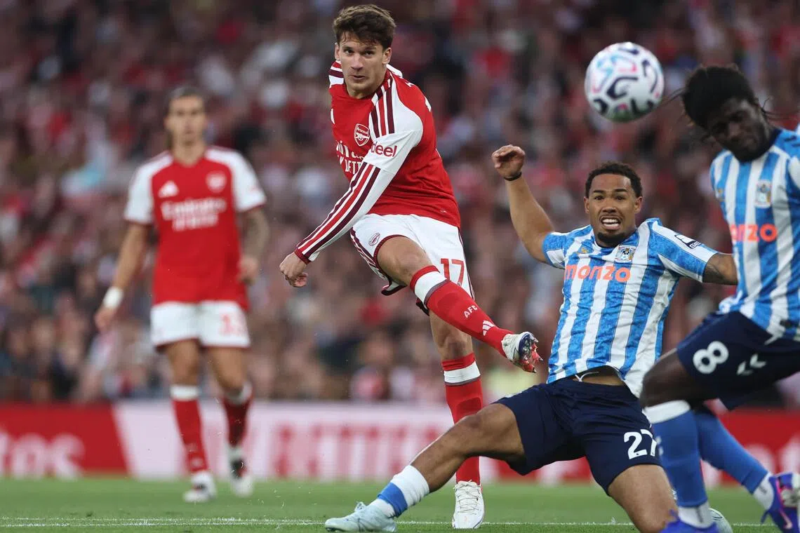 Arsenal winger Christos Tzolis attempting a shot as Coventry City’s Milan van Ewijk and Caleb Yirenkyi try to stop him in the Gunners’ 3-0 EPL win at the Emirates Stadium on Aug 21.