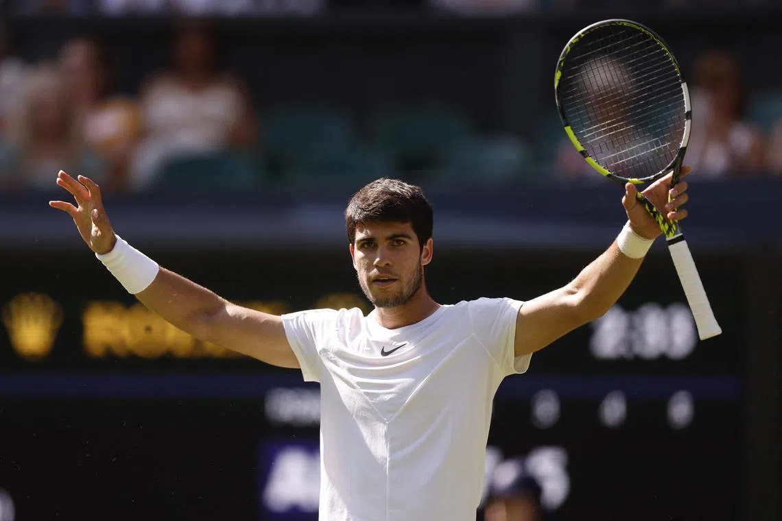 Spain’s Carlos Alcaraz celebrates winning his second-round match against France’s Alexandre Muller.