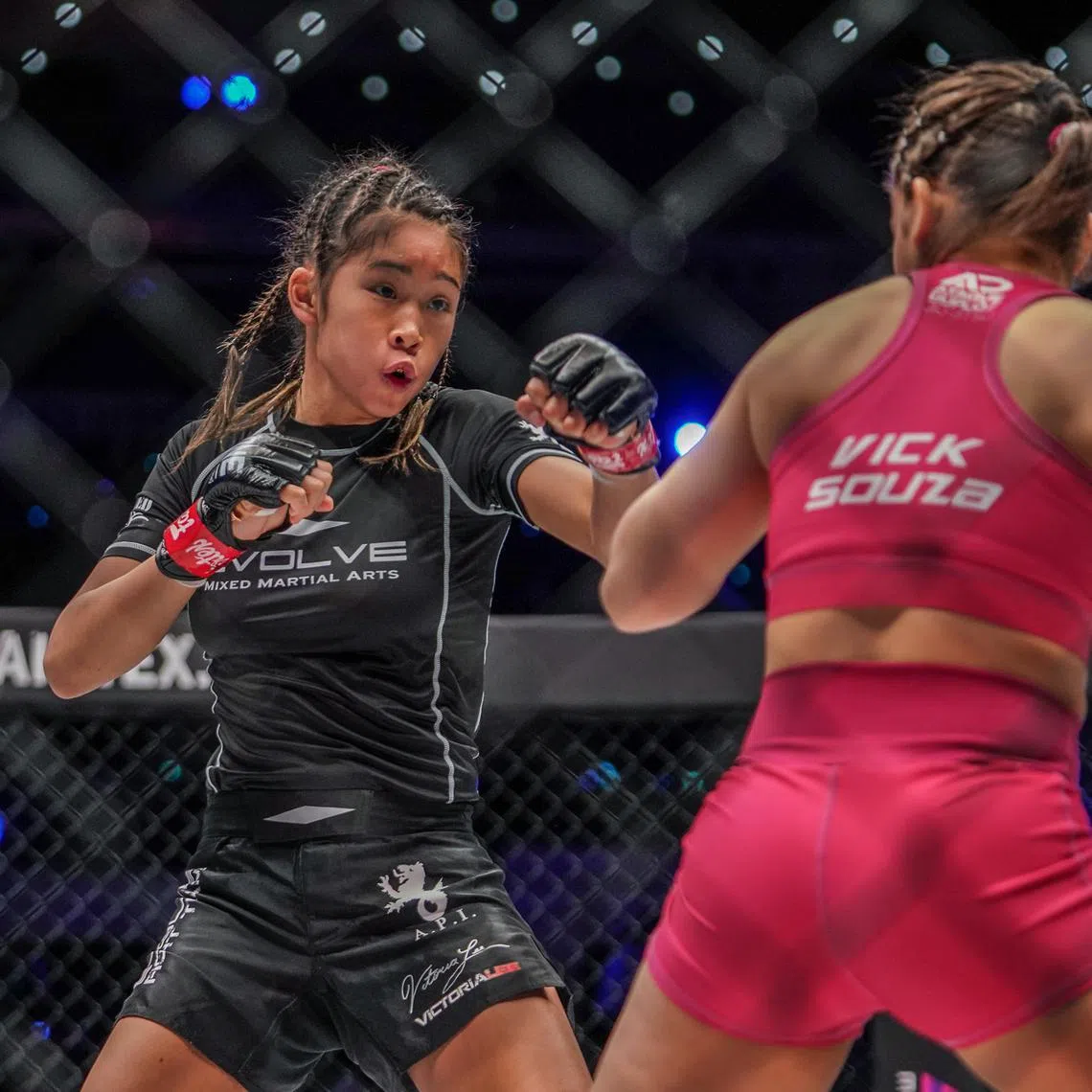 The late Victoria Lee (left) in action against Victoria Souza at One Championship's "Revolution" event at the Singapore Indoor Stadium in September 2021. 