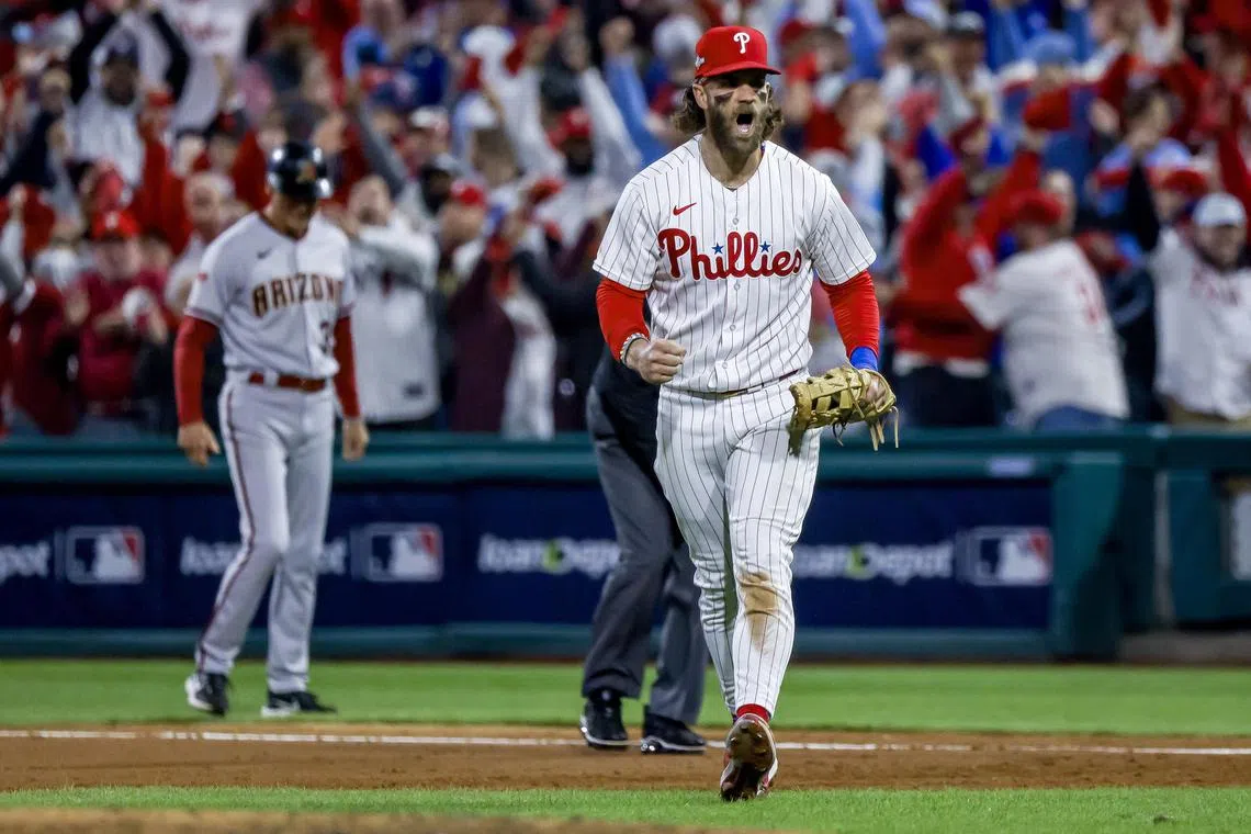 Philadelphia Phillies first baseman Bryce Harper reacting after helping turn a double play to end Game 1 of the Major League Baseball (MLB) National League Championship Series play-offs between the Arizona Diamondbacks and the Philadelphia Phillies at Citizens Bank Park on Monday.